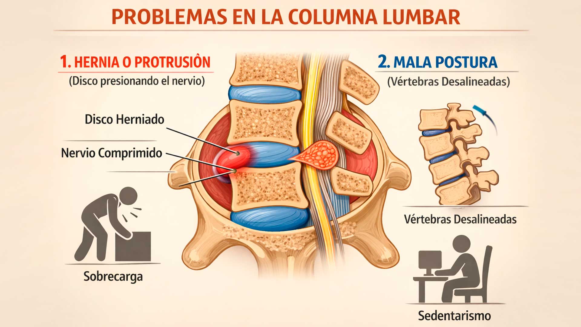 Ilustración de un corte de la columna lumbar mostrando una hernia de disco comprimiendo la raíz del nervio ciático.