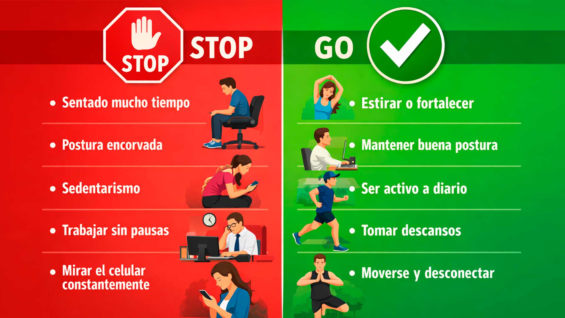 Consejos visuales para evitar el avance del dolor de ciática: evitar sentarse y fortalecer el core.